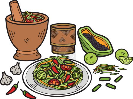 Ilustración de Ensalada de papaya dibujada a mano con ilustración de comida tailandesa aislada sobre fondo - Imagen libre de derechos