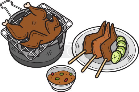 Téléchargez les illustrations : Illustration de poulet grillé et thaï brasier dessinée à la main isolée sur fond - en licence libre de droit