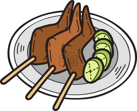 Téléchargez les illustrations : Ailes de poulet grillées dessinées à la main ou illustration de nourriture thaïlandaise isolée sur fond - en licence libre de droit