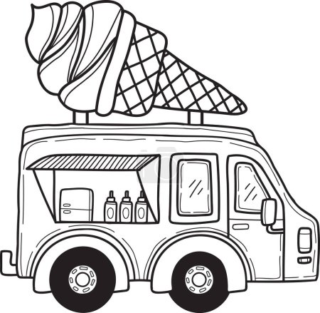 Téléchargez les illustrations : Illustration de crème glacée de camion de nourriture dessinée à la main isolée sur fond - en licence libre de droit