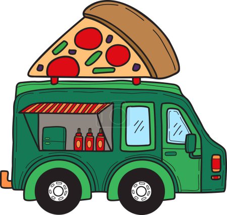 Téléchargez les illustrations : Illustration de camion et pizza dessinée à la main isolée sur fond - en licence libre de droit
