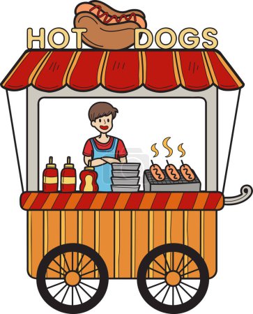 Ilustración de Carro de comida de calle dibujada a mano con ilustración de perros calientes aislados sobre fondo - Imagen libre de derechos