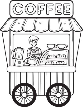 Téléchargez les illustrations : Chariot de nourriture Street dessiné à la main avec illustration de café isolé sur fond - en licence libre de droit