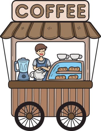 Téléchargez les illustrations : Chariot de nourriture Street dessiné à la main avec illustration de café isolé sur fond - en licence libre de droit