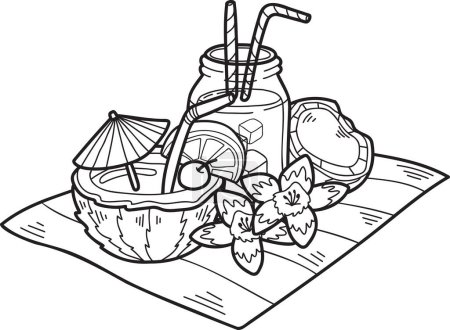 Ilustración de Dibujado a mano de agua de coco y bolas de coco ilustración aislada en el fondo - Imagen libre de derechos