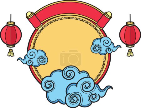 Téléchargez les illustrations : Hand Drawn chinese circle background with clouds illustration isolated on background - en licence libre de droit