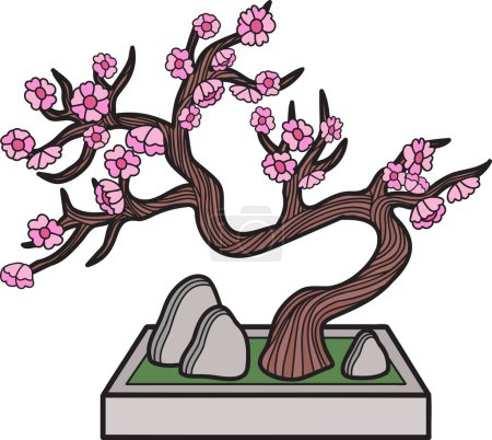 Téléchargez les illustrations : Hand Drawn bonsai tree with stones illustration isolated on background - en licence libre de droit