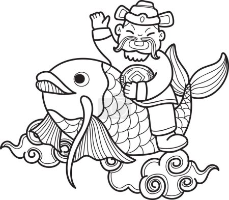 Illustration for Hand Drawn Chinese Wealth God and Koi illustration isolated on background - Royalty Free Image