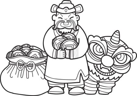 Téléchargez les illustrations : Hand Drawn Wealth God and Chinese Lion illustration isolated on background - en licence libre de droit