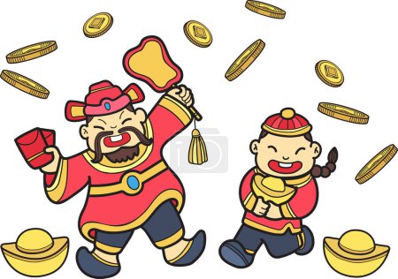 Illustration for Hand Drawn Chinese Wealth God and Chinese Boy illustration isolated on background - Royalty Free Image
