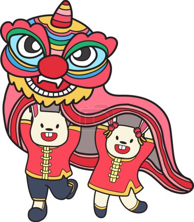 Photo for Hand Drawn Chinese lion dancing with a rabbit illustration isolated on background - Royalty Free Image