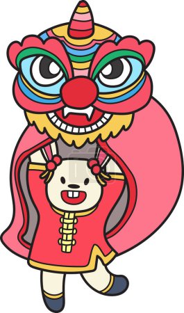 Ilustración de Hand Drawn Chinese lion dancing with a rabbit illustration isolated on background - Imagen libre de derechos