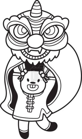 Ilustración de Hand Drawn Chinese lion dancing with a rabbit illustration isolated on background - Imagen libre de derechos