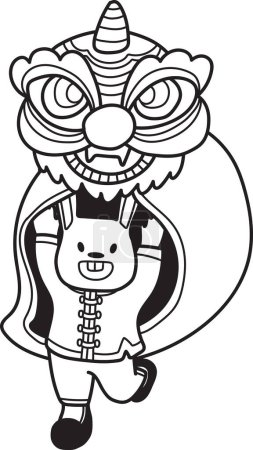 Téléchargez les illustrations : Hand Drawn Chinese lion dancing with a rabbit illustration isolated on background - en licence libre de droit