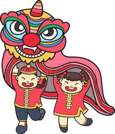 Téléchargez les illustrations : Hand Drawn Chinese lion dancing with Chinese children illustration isolated on background - en licence libre de droit