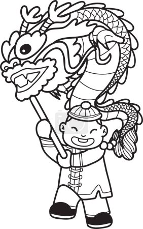 Téléchargez les illustrations : Hand Drawn Chinese boy dancing dragon illustration isolated on background - en licence libre de droit