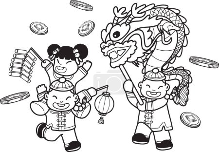 Ilustración de Hand Drawn Chinese children dance dragons and have fun illustration isolated on background - Imagen libre de derechos