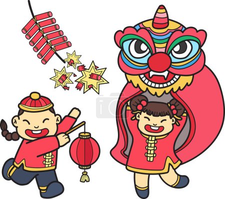 Ilustración de Hand Drawn Chinese lion dancing with firecrackers illustration isolated on background - Imagen libre de derechos