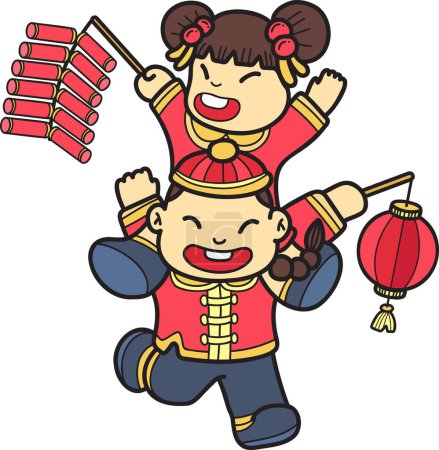 Illustration for Hand Drawn Chinese children with firecrackers and lanterns illustration isolated on background - Royalty Free Image