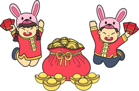 Ilustración de Hand Drawn Chinese child wearing rabbit hat and money bag illustration isolated on background - Imagen libre de derechos