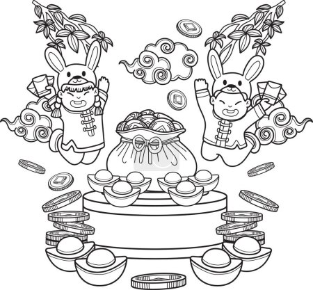 Téléchargez les illustrations : Hand Drawn Chinese child wearing rabbit hat and money bag illustration isolated on background - en licence libre de droit