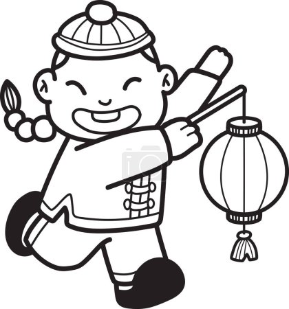 Illustration for Hand Drawn chinese boy with lantern illustration isolated on background - Royalty Free Image