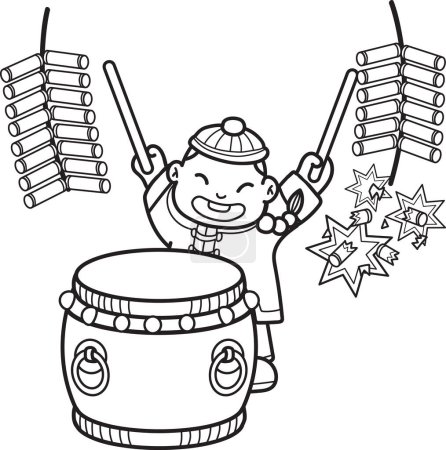 Illustration for Hand Drawn Chinese boy playing drums illustration isolated on background - Royalty Free Image