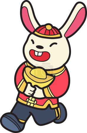 Téléchargez les illustrations : Hand Drawn Chinese rabbit and money illustration isolated on background - en licence libre de droit