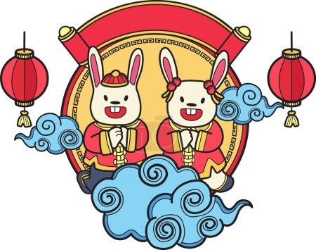 Ilustración de Hand Drawn Chinese rabbit smiling and happy illustration isolated on background - Imagen libre de derechos