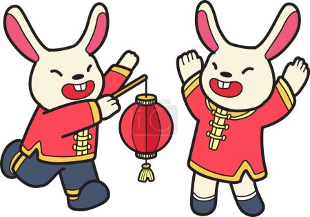 Illustration for Hand Drawn chinese rabbit with lantern illustration isolated on background - Royalty Free Image