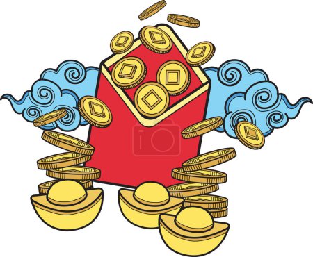 Téléchargez les illustrations : Hand Drawn Chinese red envelopes and money illustration isolated on background - en licence libre de droit