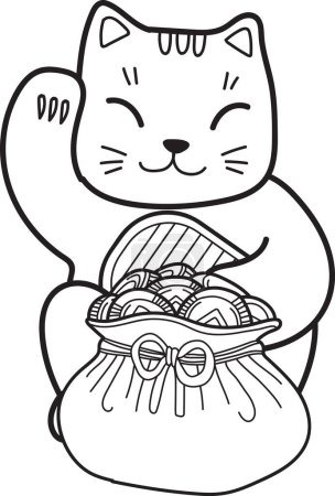 Téléchargez les illustrations : Hand Drawn lucky cat with money illustration isolated on background - en licence libre de droit