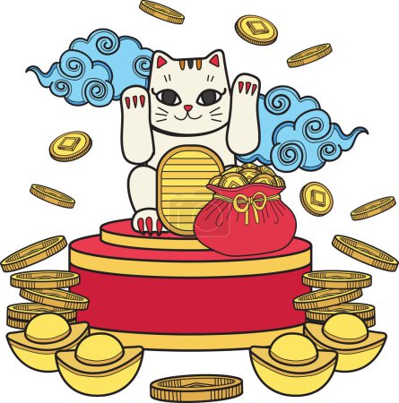 Téléchargez les illustrations : Hand Drawn lucky cat with money illustration isolated on background - en licence libre de droit