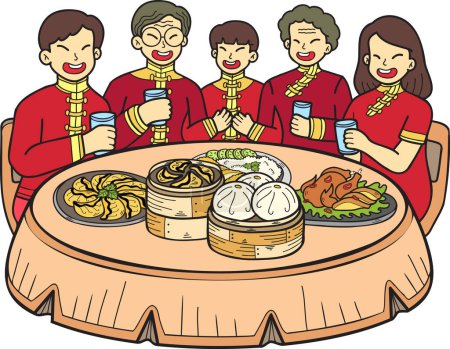 Illustration for Hand Drawn Chinese family with Chinese food table illustration isolated on background - Royalty Free Image
