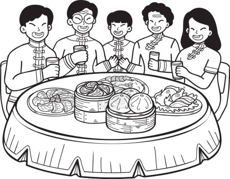 Téléchargez les illustrations : Hand Drawn Chinese family with Chinese food table illustration isolated on background - en licence libre de droit