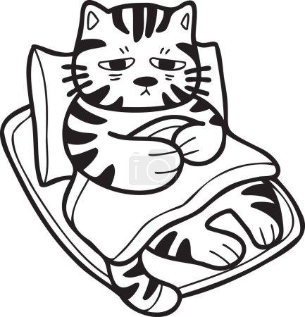 Ilustración de Hand Drawn sick striped cat sleeping on pillow illustration in doodle style isolated on background - Imagen libre de derechos