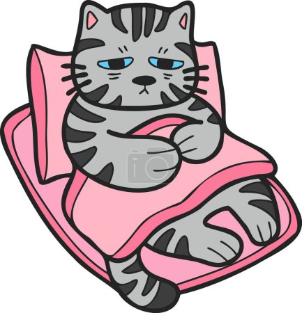 Téléchargez les illustrations : Hand Drawn sick striped cat sleeping on pillow illustration in doodle style isolated on background - en licence libre de droit