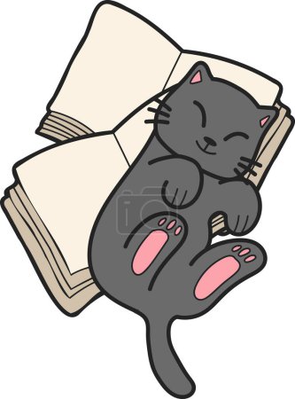 Ilustración de Hand Drawn cat lying on stack of books illustration in doodle style isolated on background - Imagen libre de derechos
