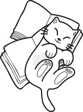 Ilustración de Hand Drawn cat lying on stack of books illustration in doodle style isolated on background - Imagen libre de derechos