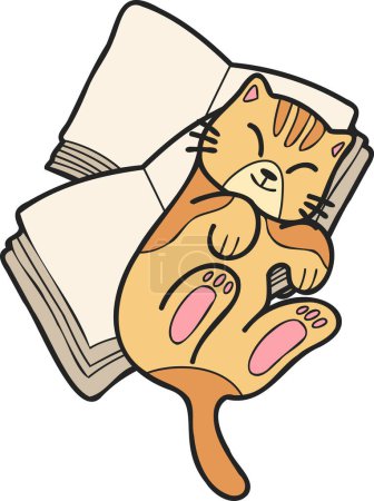 Ilustración de Hand Drawn striped cat lying on stack of books illustration in doodle style isolated on background - Imagen libre de derechos