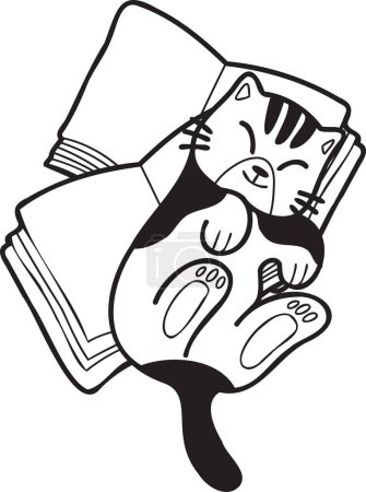 Téléchargez les illustrations : Hand Drawn striped cat lying on stack of books illustration in doodle style isolated on background - en licence libre de droit