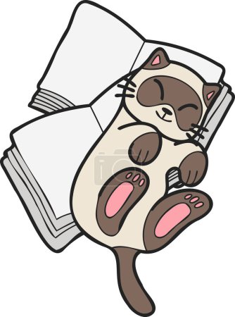 Téléchargez les illustrations : Hand Drawn cat lying on stack of books illustration in doodle style isolated on background - en licence libre de droit