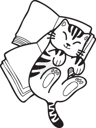 Ilustración de Hand Drawn striped cat lying on stack of books illustration in doodle style isolated on background - Imagen libre de derechos
