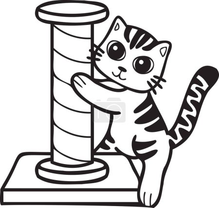 Ilustración de Hand Drawn striped cat with cat climbing pole illustration in doodle style isolated on background - Imagen libre de derechos