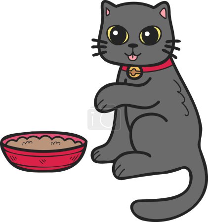 Ilustración de Hand Drawn cat eating food illustration in doodle style isolated on background - Imagen libre de derechos