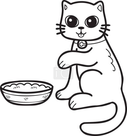 Illustration for Hand Drawn cat eating food illustration in doodle style isolated on background - Royalty Free Image
