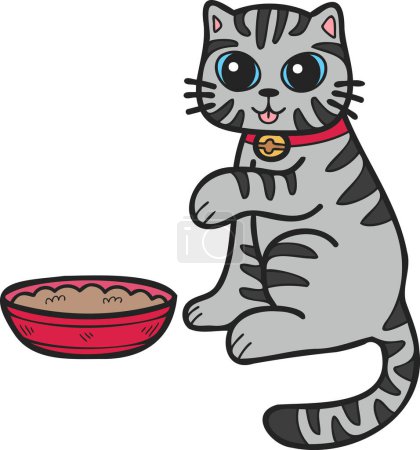 Illustration for Hand Drawn striped cat eating food illustration in doodle style isolated on background - Royalty Free Image