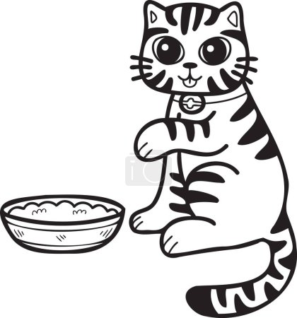 Ilustración de Hand Drawn striped cat eating food illustration in doodle style isolated on background - Imagen libre de derechos