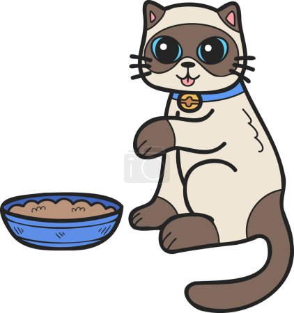 Téléchargez les illustrations : Hand Drawn cat eating food illustration in doodle style isolated on background - en licence libre de droit