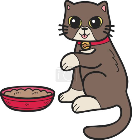 Ilustración de Hand Drawn cat eating food illustration in doodle style isolated on background - Imagen libre de derechos